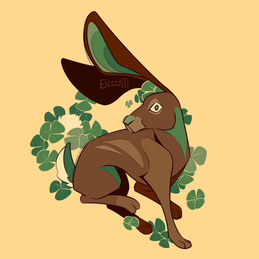 Clover Hare An illustration of a brown hare with green accents, dashing forward while turning its head to look at the viewer. Several clovers are around it, including a single four-leaf clover.