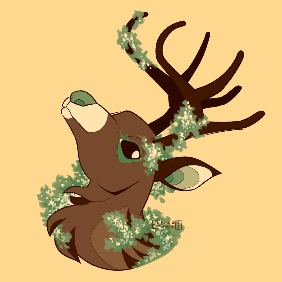 Baby's Breath Deer A portrait of a deer with green accents, surrounded by baby's breath flowers and greenery.