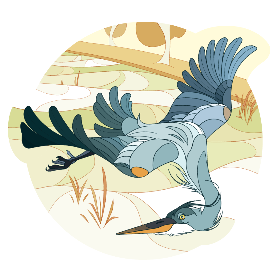 Great Blue Heron An illustration of a great blue heron flying over a green river. The style is reminiscent of stained glass windows and Japanese ukiyo-e prints.
