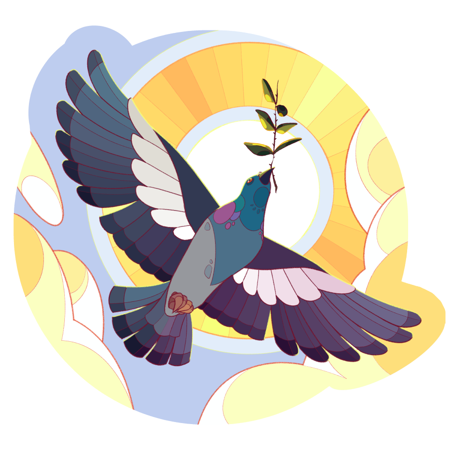 Pigeon An illustration of a pigeon flying in front of the sun, holding an olive branch.