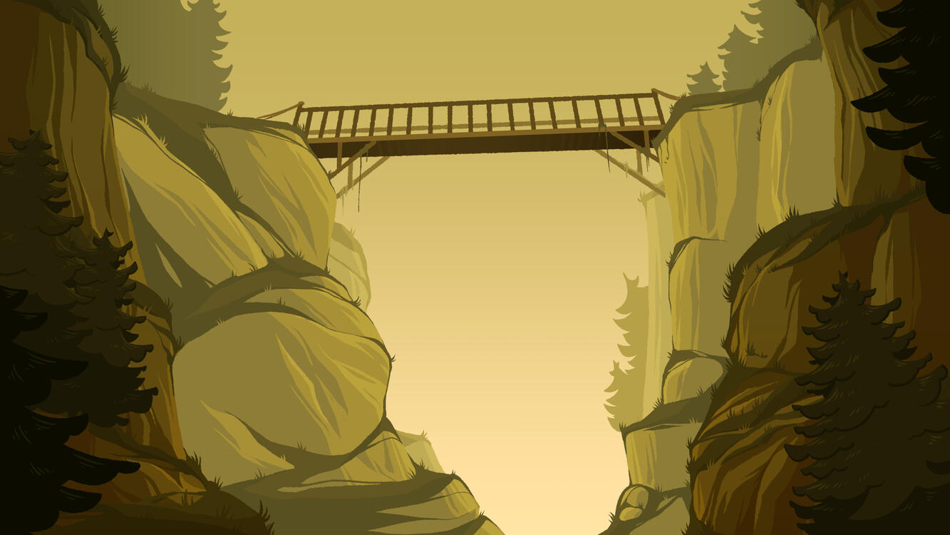 Summer Bridge A digital illustration of a canyon. Two tall mountains, covered with grass and pine trees, are joined by a bridge.