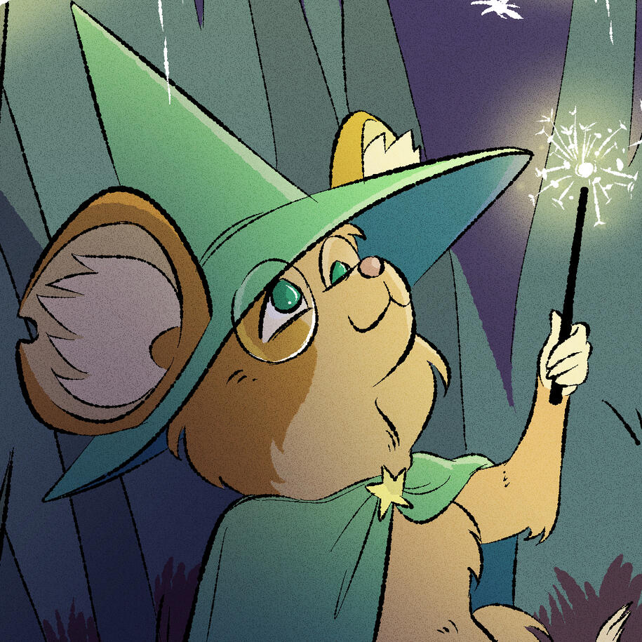 A cartoon drawing of a mouse wearing a wizard hat and cloak.