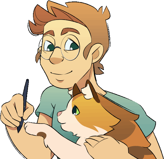 A cartoon drawing of Eli, a young white man with short brown hair and round glasses, holding a stylus pen. Penny, a calico cat, is pawing at the pen. It is lightly animated, with both characters blinking, and Penny's paw moving.